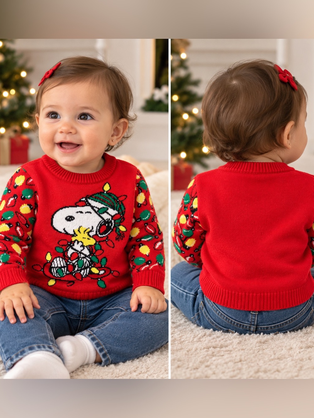 Peanuts Snoopy Woodstock Christmas Sweater Baby 6-9M Red Holiday